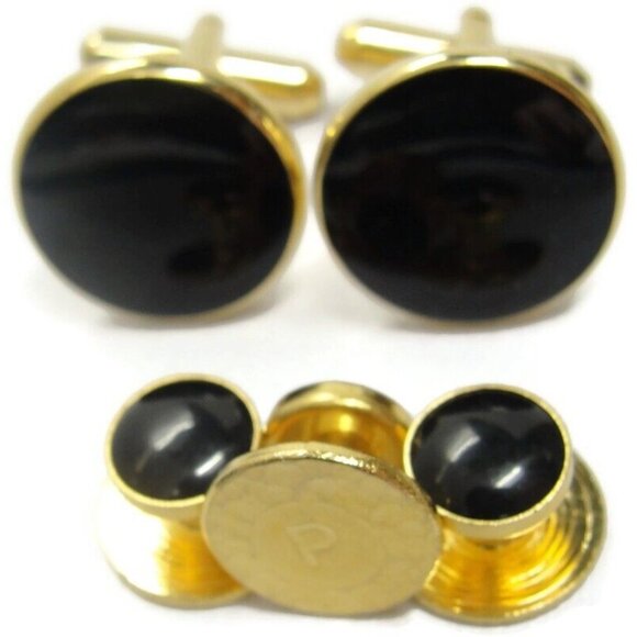 Cufflink Set Matching Black Shirt Buttons Gold Tone Formal Wedding Tux Vintage - Picture 4 of 7